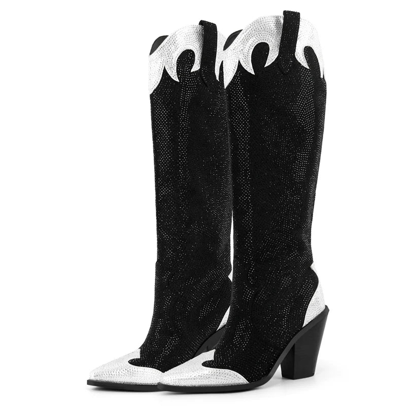 Onlymaker Women Black Pointed Toe Knee High Rhinestone Boots Cowboy Boots Fashion ull-On Western Boots