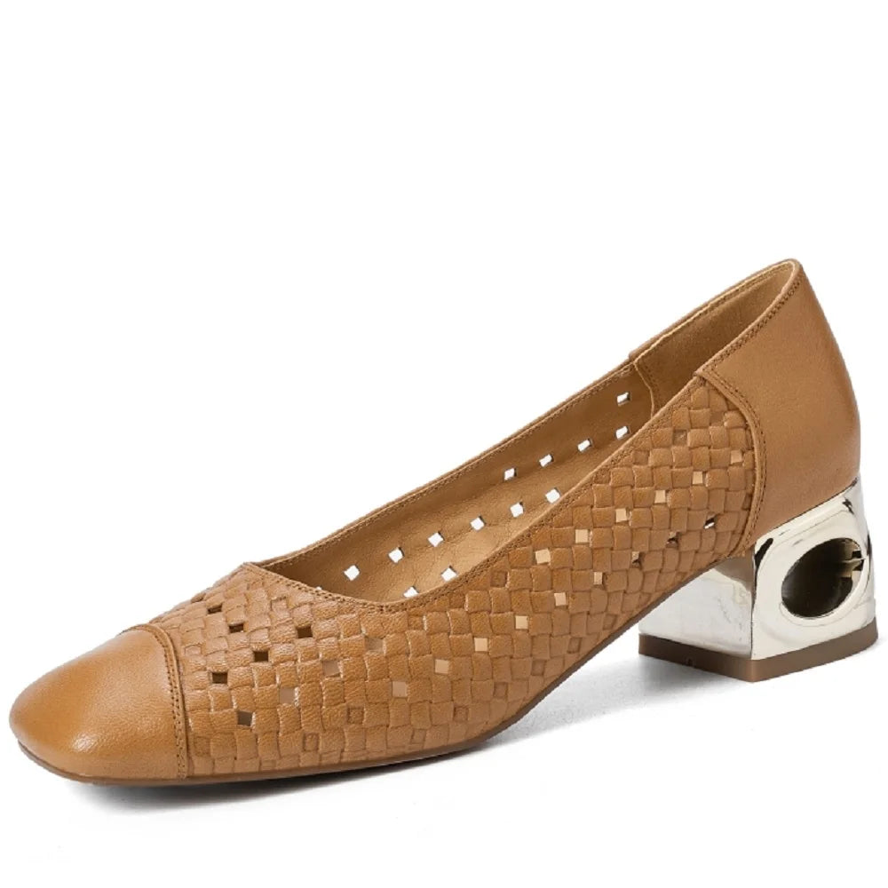 Women's hollow-out Handmade Genuine Leather patchwork summer breathable Mid heel elegant ladies daily slim 34-40