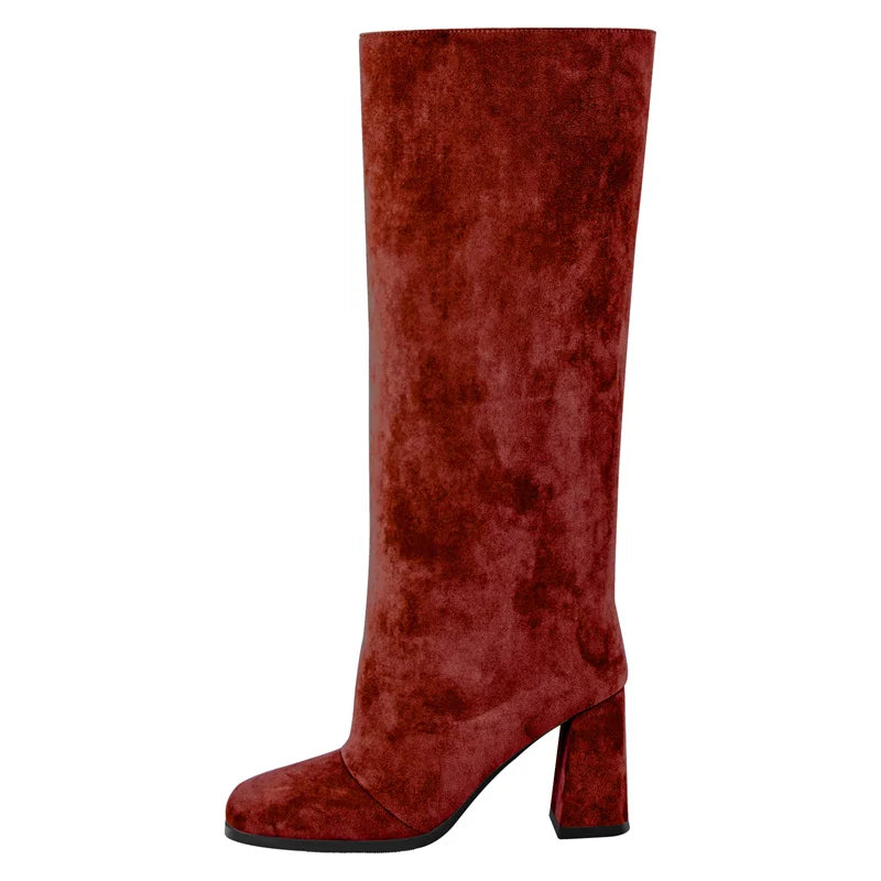 Onlymaker Square Toe Faux Suede Leather Knee-high Boots Chunky Heel Shoes Autumn Solid Slip On Fashion Elegant Boots