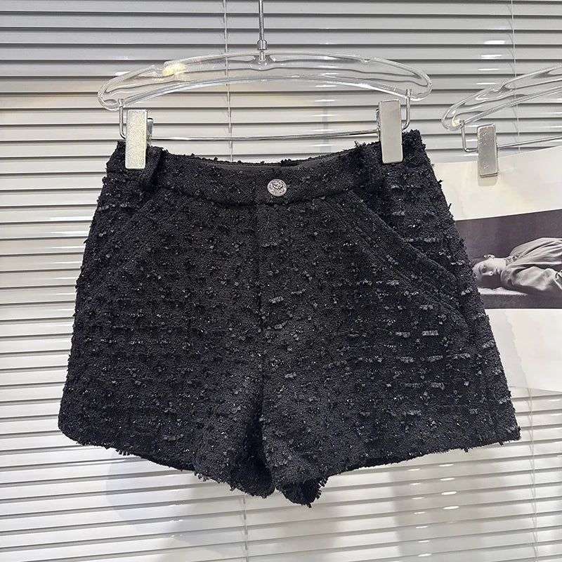 2026 Autumn New Fashion Style Contrast Color Collar Tie Sleeve Short Jacket For Women Shorts Tweed Shorts Female 11A06638