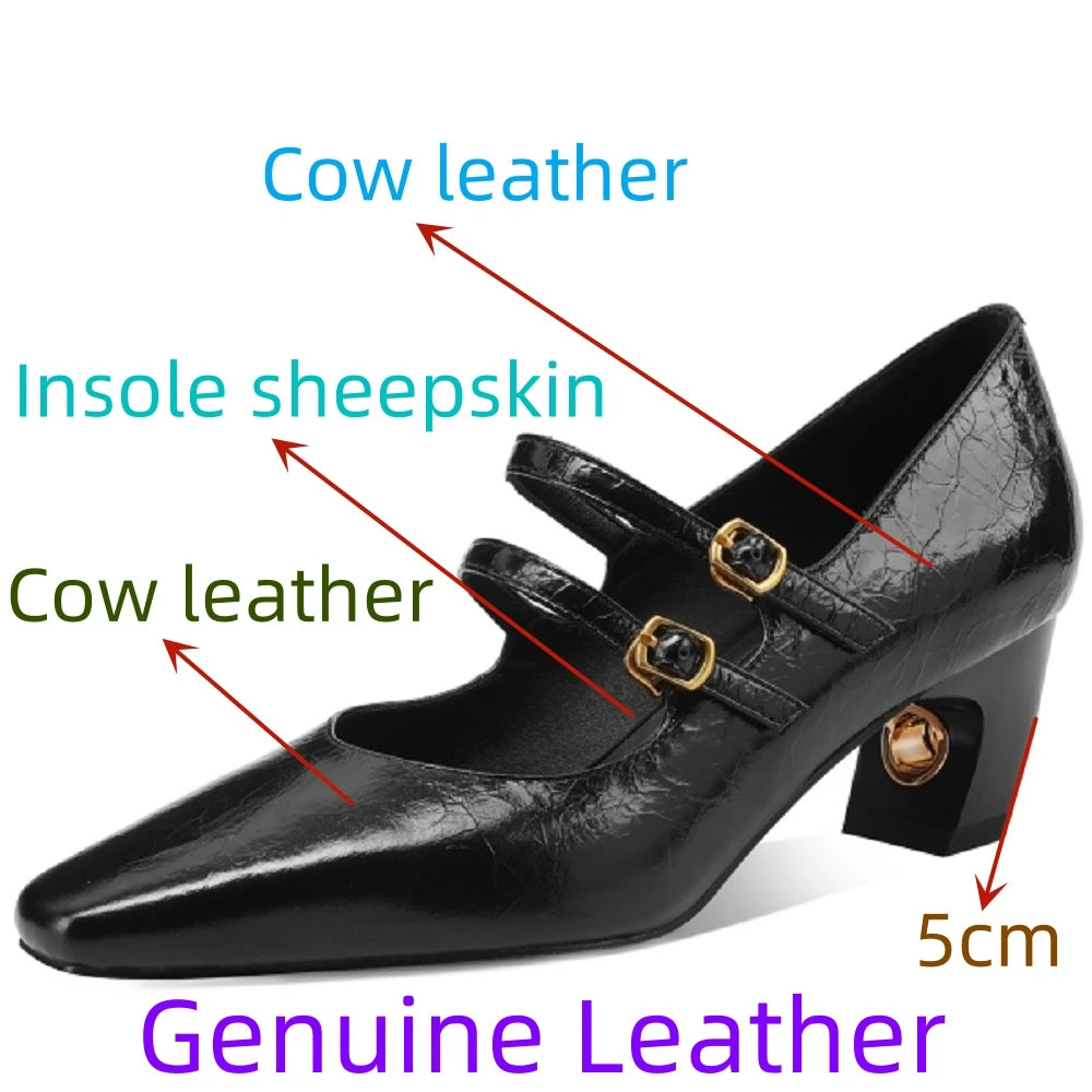 Women Handmade Genuine Leather square toe metal buckle Mary Jane elegant ladies Mid heel evening dress shoe 33-43
