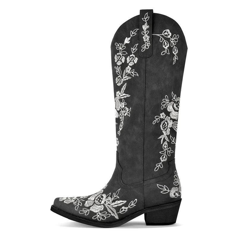 Onlymaker Women Pointed Toe Pull-on Knee High Cowgirl Boots Comfy Pull On Wide Calf Chunky Heel Retro Classic Western Boots
