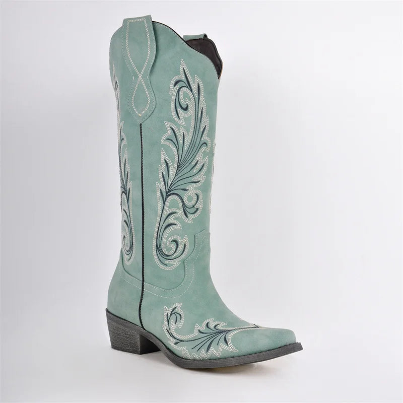 Onlymaker Women Embroidered Pull-on Cowboy  Western Boots  Mid Calf Block Heels Cowgirl Boots