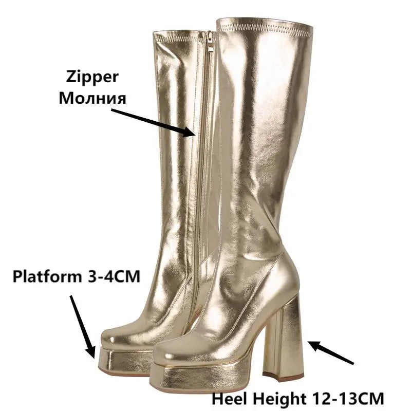 Onlymaker Women Platform Square Toe Side Zipper Knee High Boots Big Size Winter Lady Gold Punk Boots