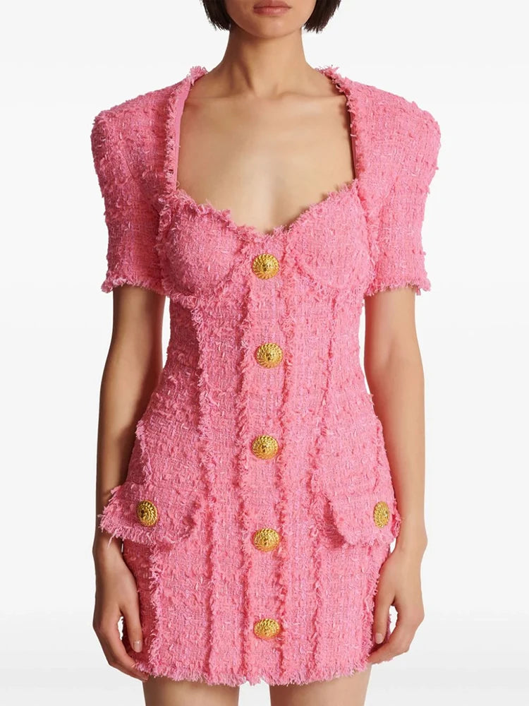 STREET Newest 2026 FW Designer Fashion Women's Short Sleeve Square Collar Lion Buttons Fringed Tweed Dress