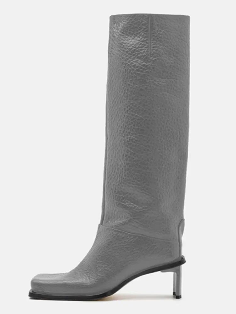 2026 New Fashionable Square Head High Heels Women's Knee Length Boots with Side Zipper Stone Pattern Women's Mid Length Boots