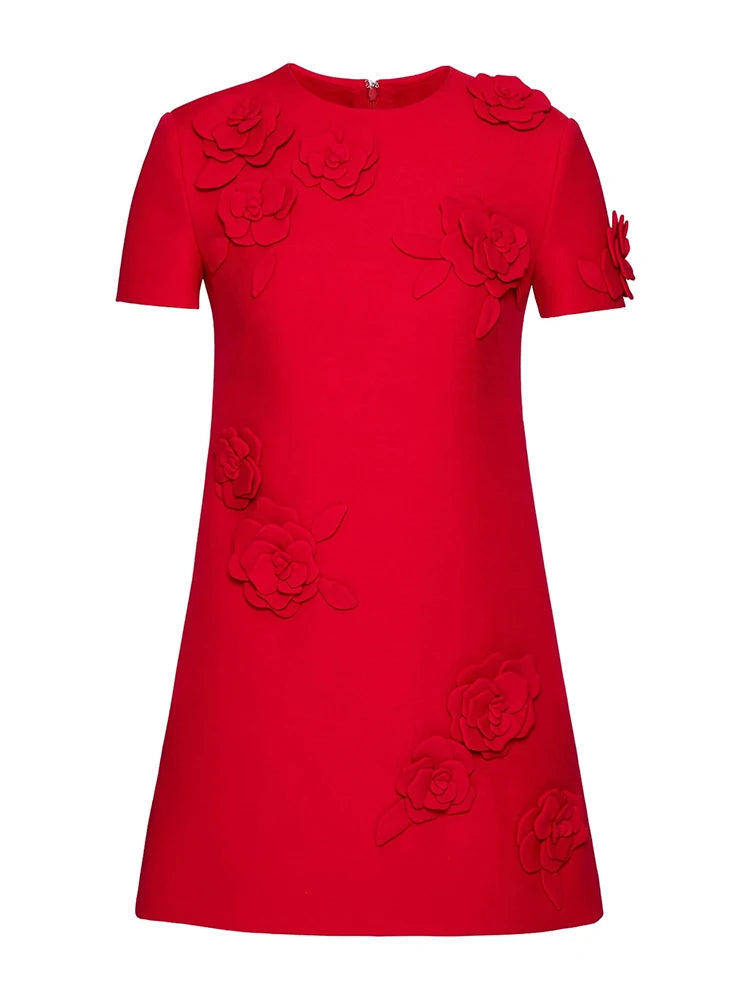 STREET Newest Fashion 2026 Designer Women's Short Sleeve Flowers Appliques Dress