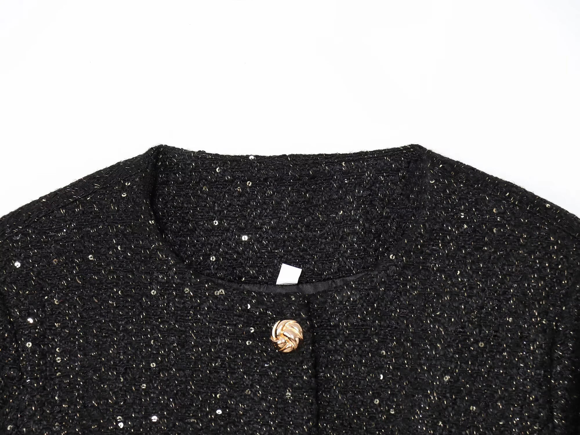 Korean commuter textured jacket for women with autumn and winter sequins and gold buttons side pockets round neck jacket