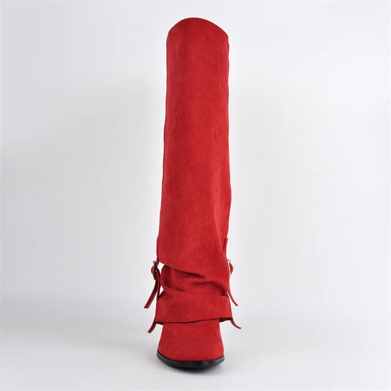 Onlymaker Women Round Toe Red Faux Suede Buckle Fold Over Knee High Boots Retro Chunky Heel Pull On Knee High Boots