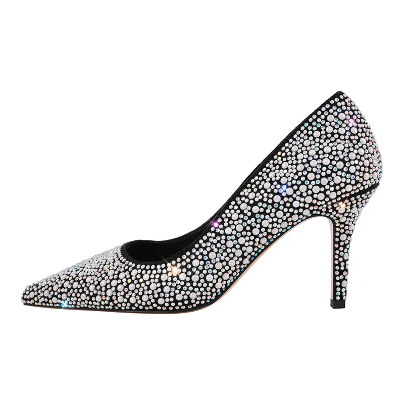 Women Pointed Toe Rhinestone Sparkling Glitter High Heels Slip On Stiletto Wedding Dress Prom Party Silver Pumps