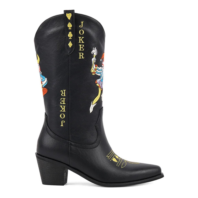 Women Matte Black Pointed Toe Joker Embroidery Mid-Calf Western Boots  Big Size Block Heel Cowboy Boots