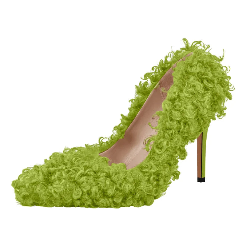Women Pumps Brown Faux Fur  Pointed Toe 10CM Slip-On Thin Heels Party Wedding Office Lady Big Size Shoes
