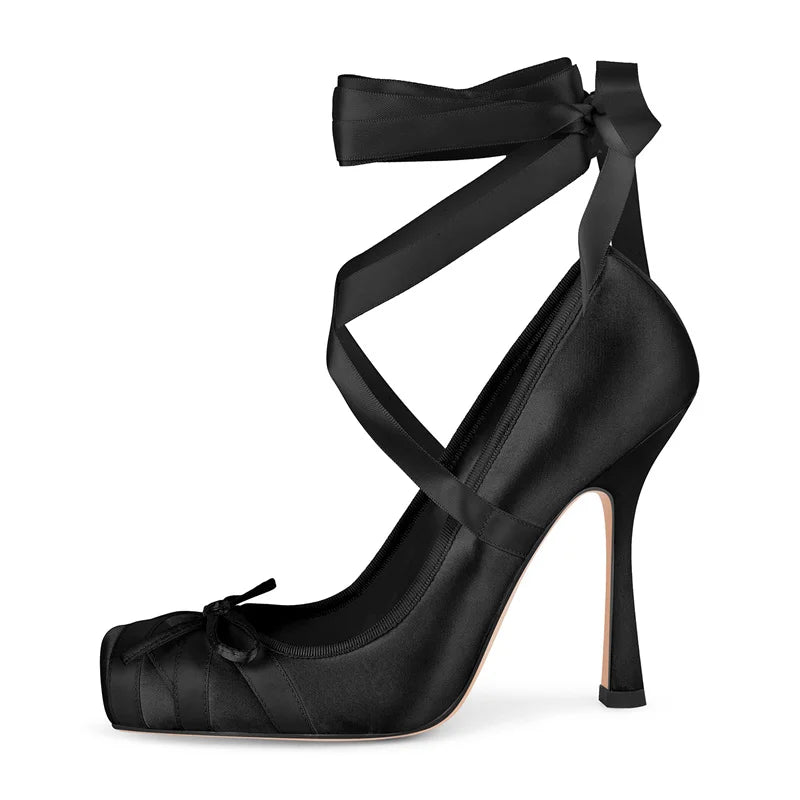 Women Square Toe Satin Pumps High Heeled Big Size  Ankle Strap Lace up Stiletto Classic Pumps Heels