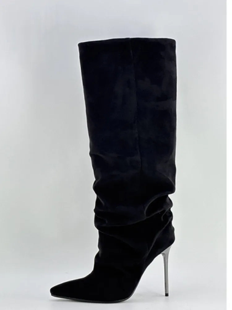 Ladies' Spring and Autumn New High Heels, Knee Length Boots, Side Zipper Folding High Barrel Fashion Large Women's Boots
