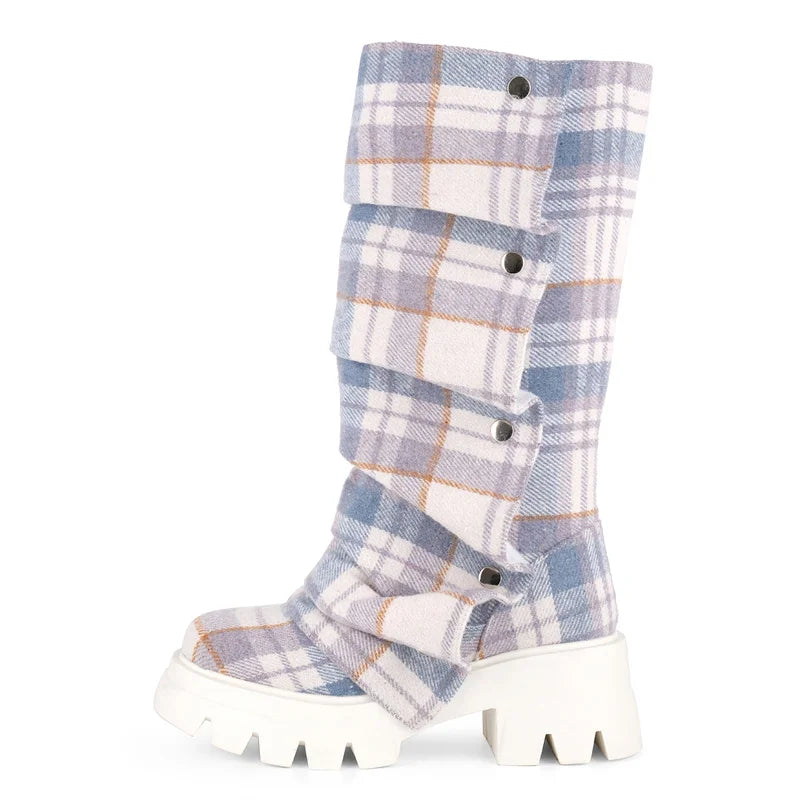 Onlymaker Women Platform Fold Over Boots Block Heel Round Toe Western Pull on Fashion Mid-Calf Female Boots