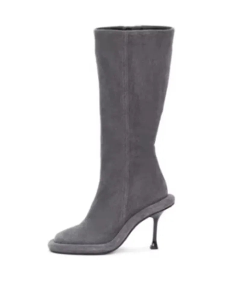 2026 Women's New Slim High-heeled Knee High Boots with Side Zipper Round Toe 34-43 Large Mid Length Boots