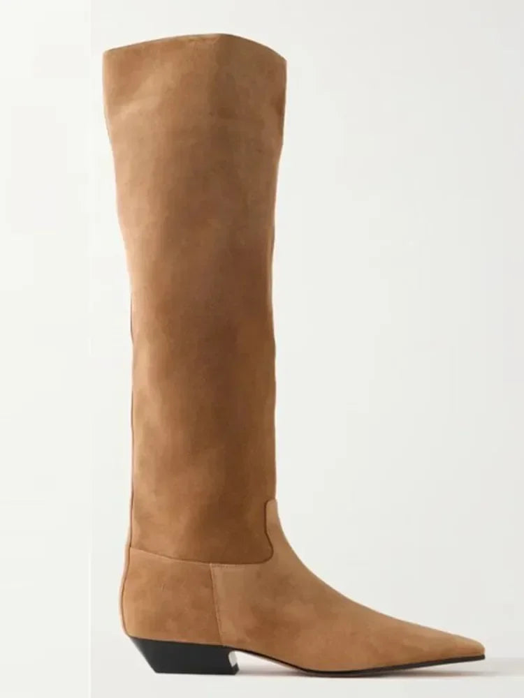 2026 Ladies' Low Heel Knee High Women's Boots Autumn and Winter Square Toe Leather Fashionable 34-46 Large Mid Length Boots