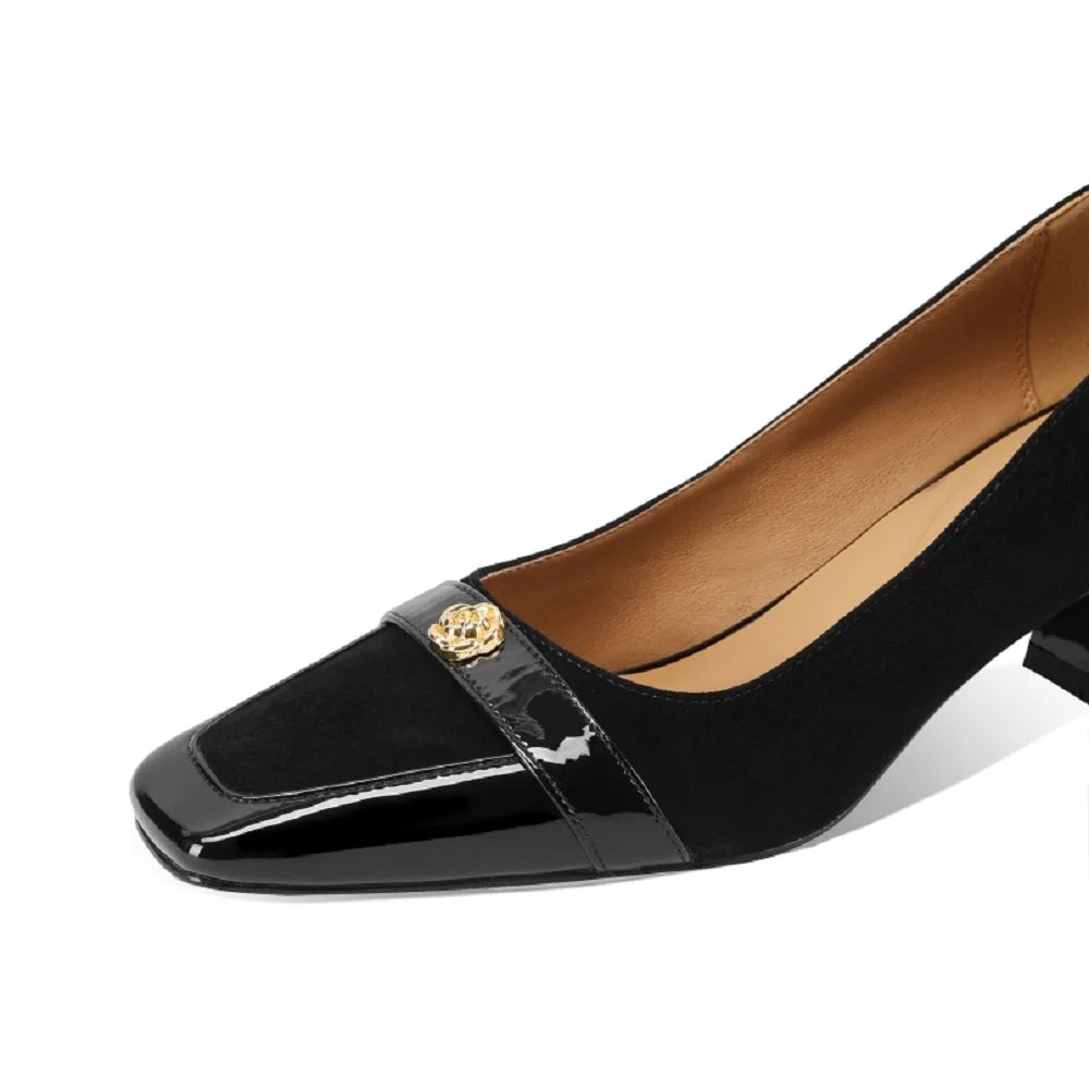 Basic Women Handmade Thick Mid Heels Genuine Leather Square Toe Mature Office Lady Working Shoes 33-43