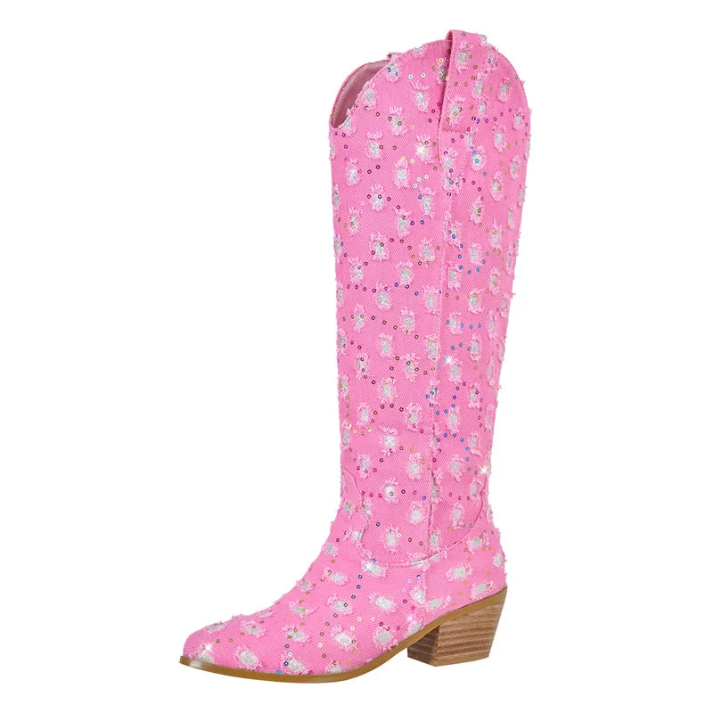 Onlymaker Women Pointed Toe Knee High Boots Western Boots Wide Calf Embroidered Canvas Block Heel Pull-On Cowgirl Booties