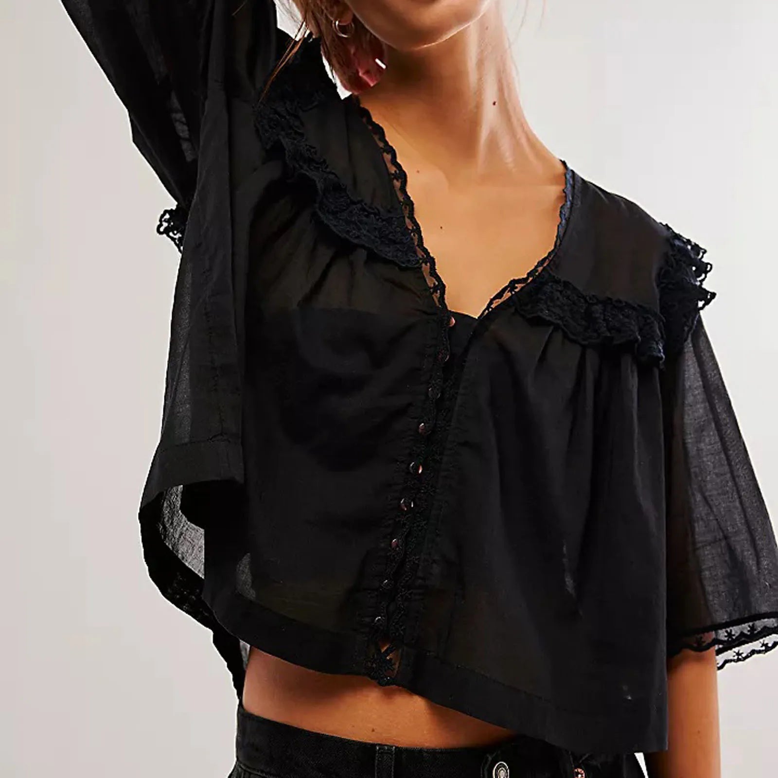 Women Sweet Ruffles Sheer Shirts 2026 Fashion Ladies Loose Lace Button Blouses for Female Chic Elegant See Through Tops Clothes