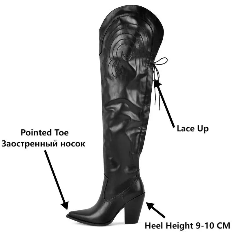 Onlymaker Women Pointed Toe Black Matte Over The Knee Boots Chunky Heel Lace- UP Winter Boots