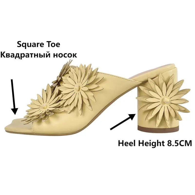 Women Square Toe Flower Mules Chunky Heels Slip On Summer Sandals