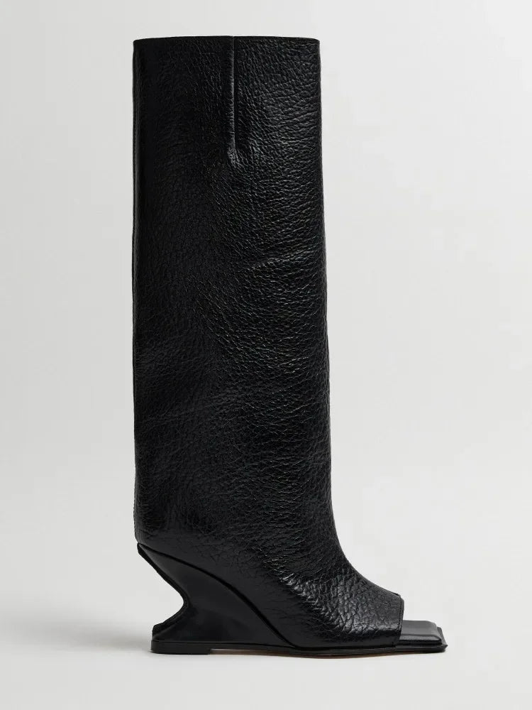 2026Women's Spring and Autumn New Style Square Toed High Heels Knee Length Boots, Medium Length Toothed Cool Boots, Oversized Boots