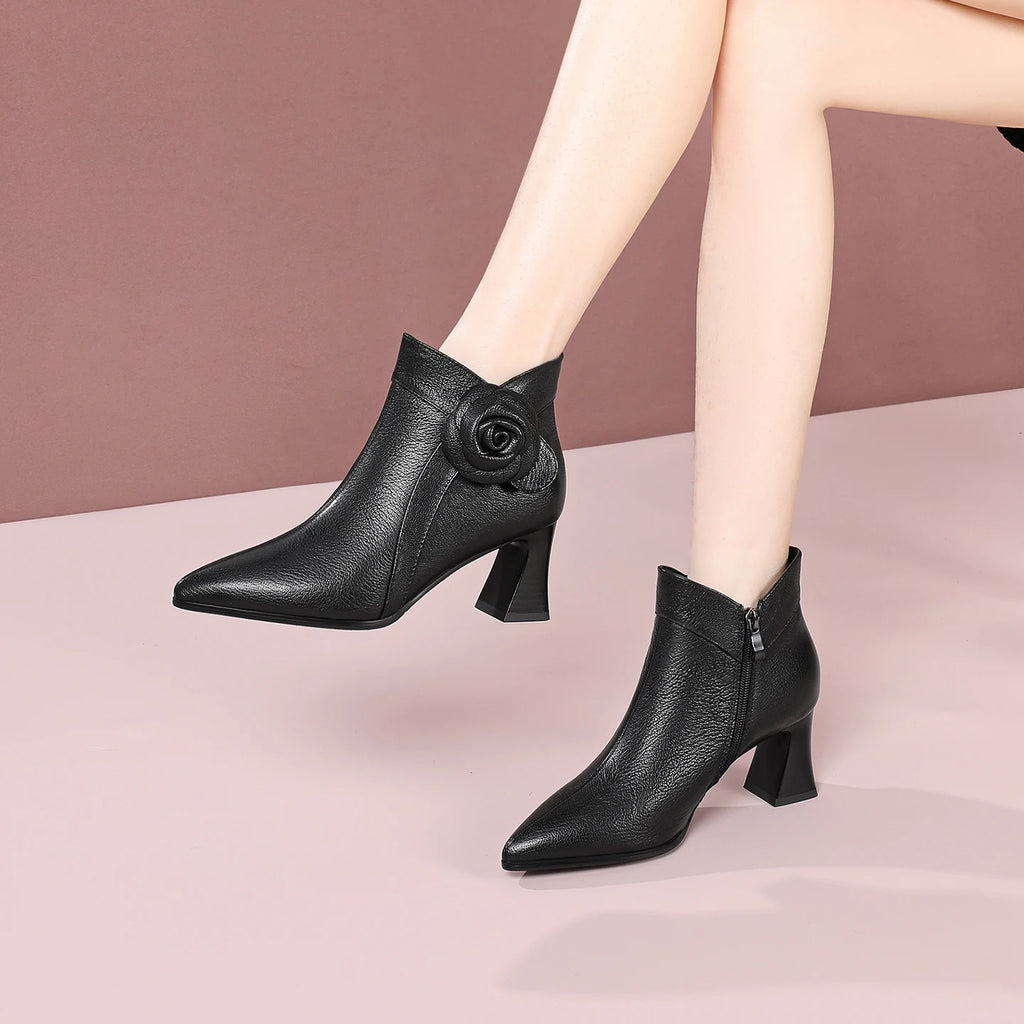 New Autumn Winter Handmade Genuine Leather Soft and comfortable Boots Pointed Toe Flower High Heel Short 33-41