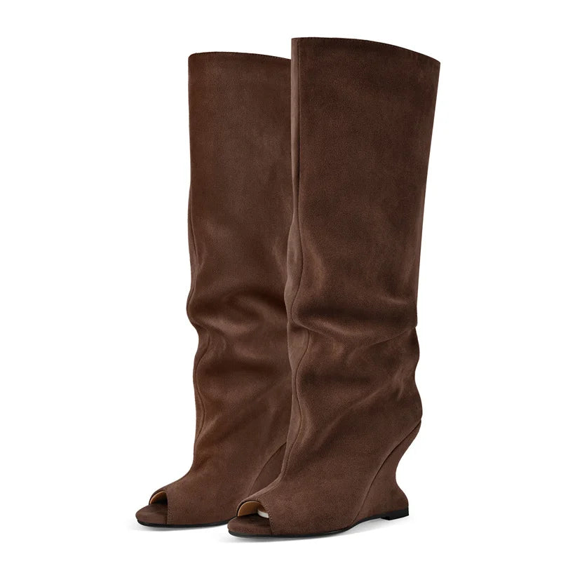 Onlymaker Women Peep Toe Wedge Flock Fashion Chunky Boots