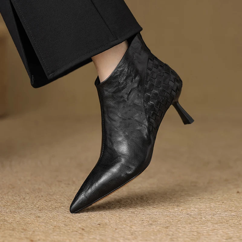 Women's Handmade genuine leather thin high heel pointed toe zip short booties British Style ankle boots