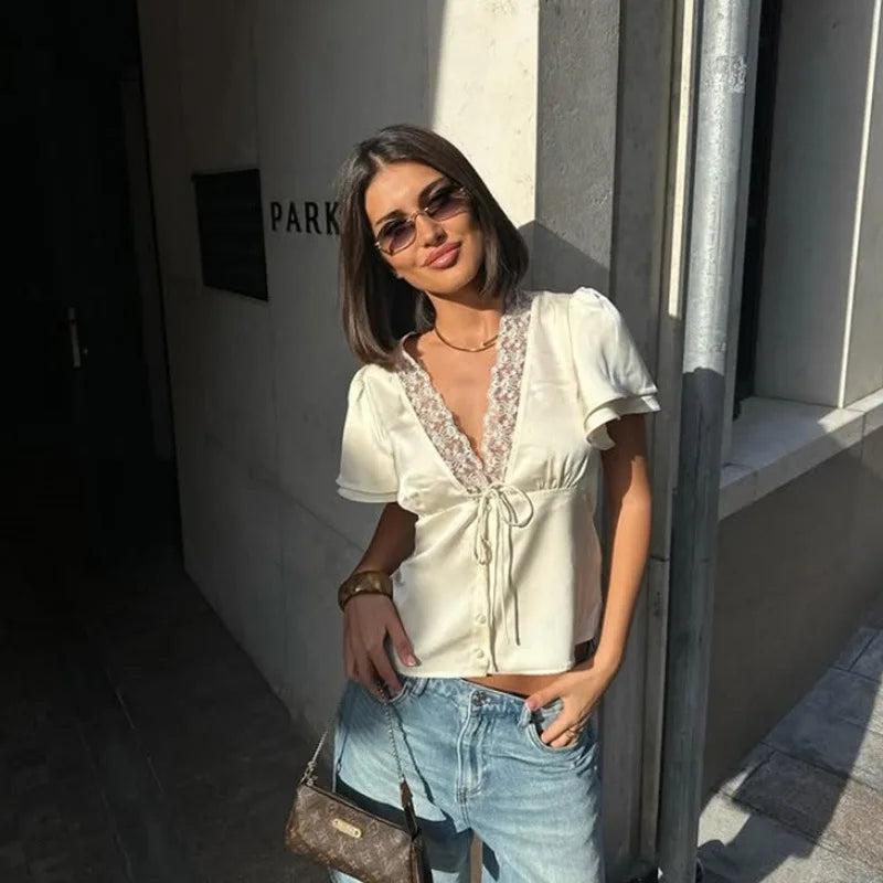 Elegant Solid Lace Trim Satin Blouse For Women Fashion O-neck Long Sleeve Lace Up Waist Tops Lady 2026 Spring Chic Streetwear