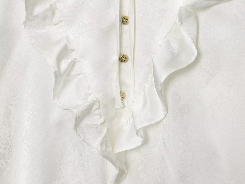 2025 Autumn New Women's Clothing French Style Mushroom Edge Standing Collar Long Sleeve Shirt