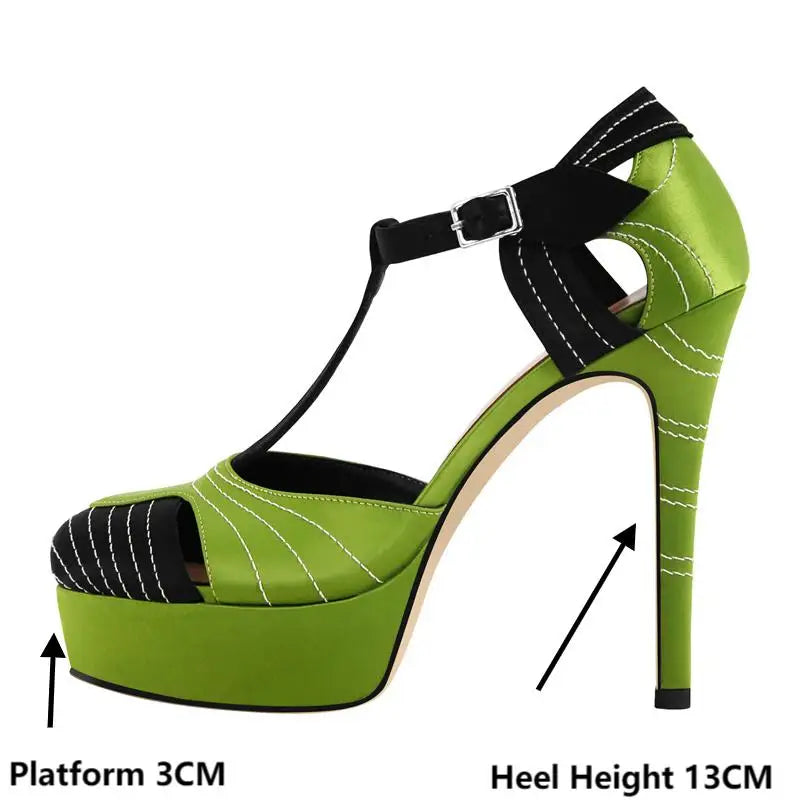 Women Green Platform Round Toe T-Strap Pumps Thin High Heels