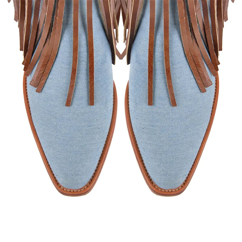 Onlymaker Women Pointed Toe Pull-on Knee High Fringe Boots Comfy Pull On Mid Calf Chunky Heel Embroidered Western Boots