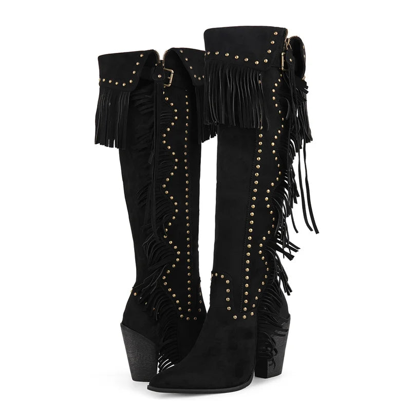 Onlymaker Women Pointed Toe  Fringe Rivet Brown Faux Suede leather Knee High Boots Vintage Side Zipper Fringe boots