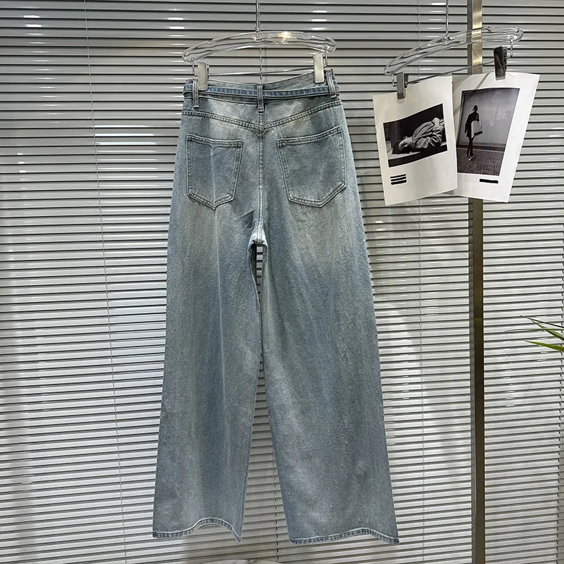2026 Spring New Heavy Industry Pocket Rhinestone Vintage Wide-Leg Jeans For Women High Waist Straight Denim Pants 11A08297