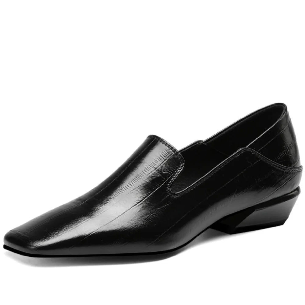 Woman Handmade Genuine Leather Elegant Square Toe Cute Casual Flats Female Retro Shoe Mid Heeled Soft Soled 34-40