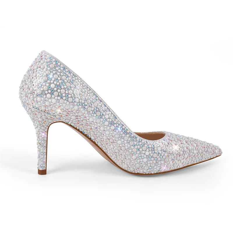 Women Pointed Toe Rhinestone Sparkling Glitter High Heels Slip On Stiletto Wedding Dress Prom Party Silver Pumps