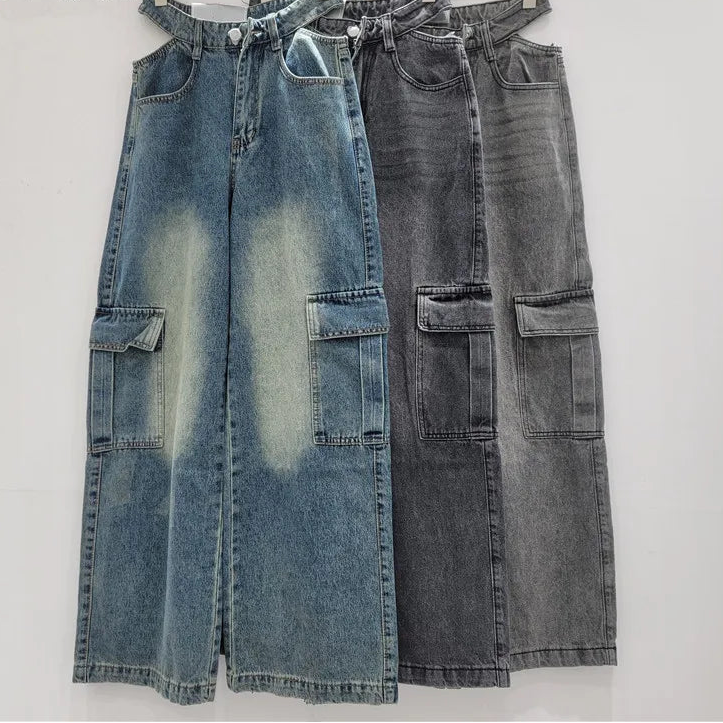 2026 Spring New Fashion Vintage Cargo Jeans For Women High Waist Hollow Out Straight Versatile Wide-Leg Pants 11A08747
