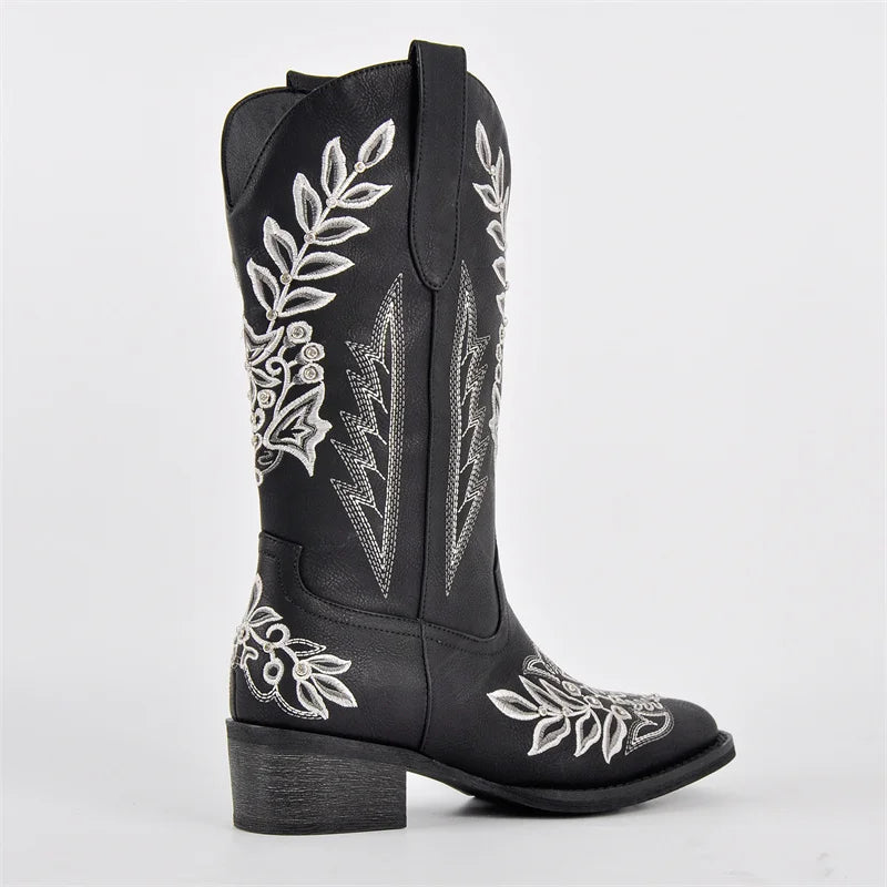 Women Square Toe Floral Rhinestones Embroidery Western Boots Pull On Knee High Chunky Heel Embroidered Boots