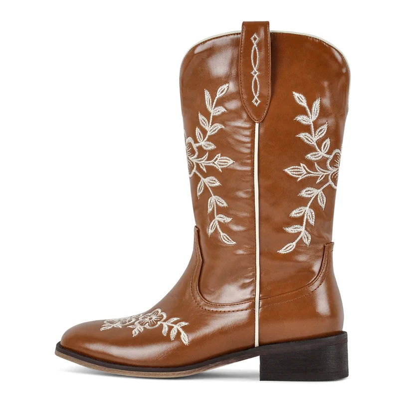 Women Brown Square Toe Embroidery Western Cowgirl Boots Pull On Knee High with Chunky Heel Embroidered Boots