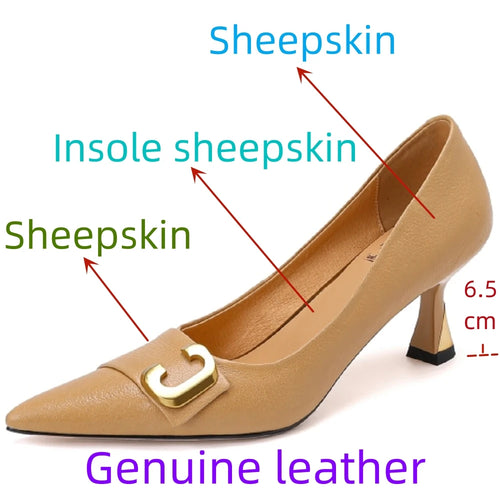 Dress Party Shoes Women Genuine Leather Pumps Sexy Thin Heels Slip On Solid Color Pointed Toe Handmade For Ladies