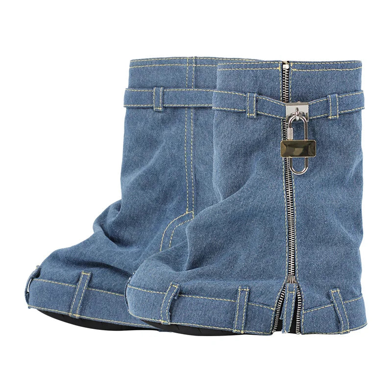Women Denim Ankle Boots Lock Shark Boots Zipper Washed Cloth Create Old Design Wedge Heel Thick Fashion  Booties