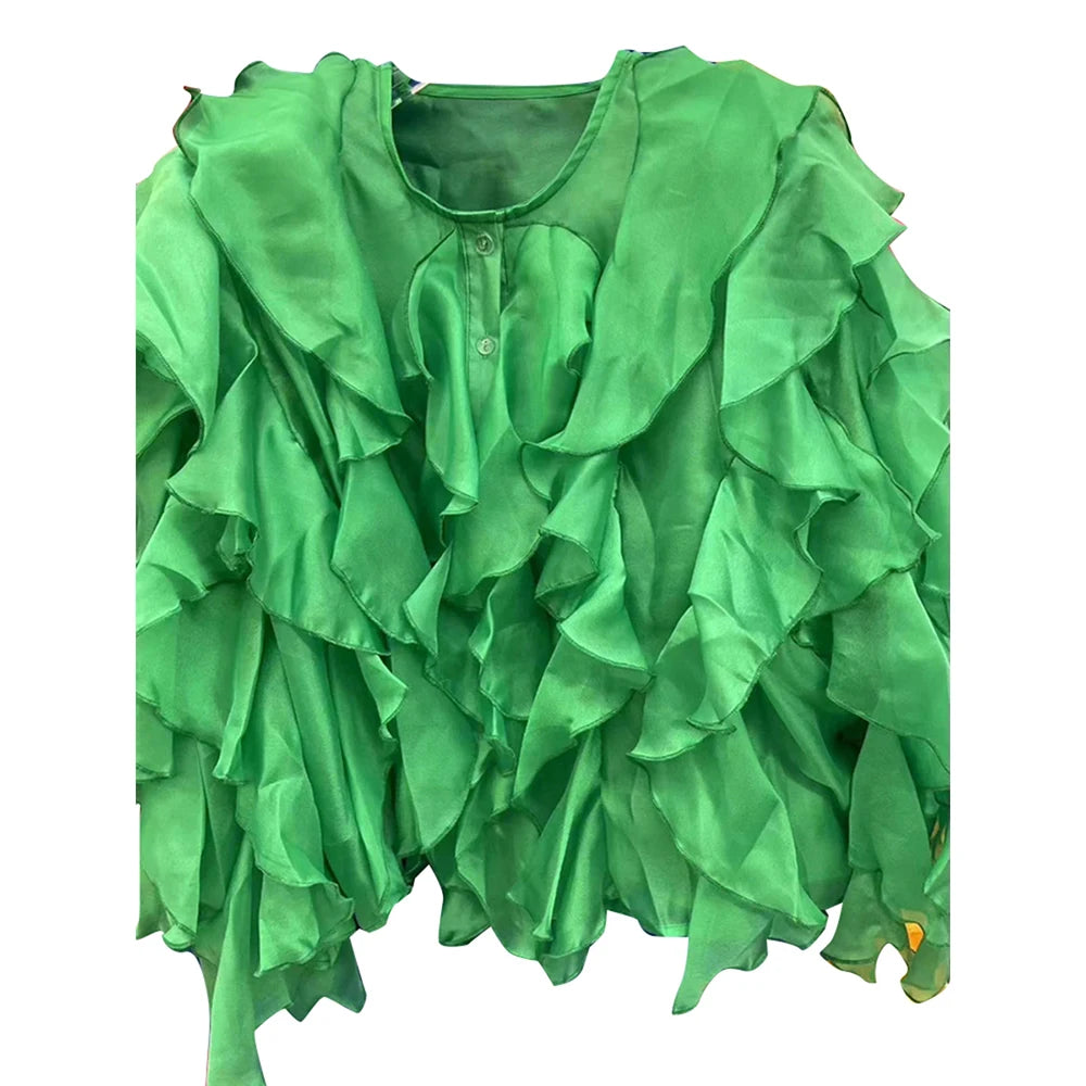 Chic Spliced Ruffles Solid Color Blouse for Women V Neck Long Sleeve Patchwork Sheer Design Loose Shirt Female Fashion Style