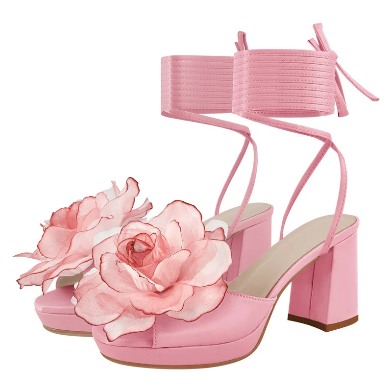 Women Platform Pink Flower Lace-UP Open Toe  Chuny Heeled   Summer Sandals