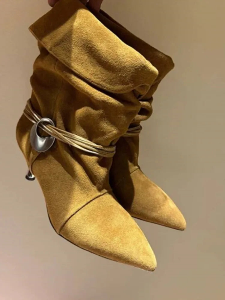 Women's Autumn and Winter New 5cm Slim Heel Fringed Calf Boots with Pointed Pleats, Women's Knight Boots, Mid Leg Boots