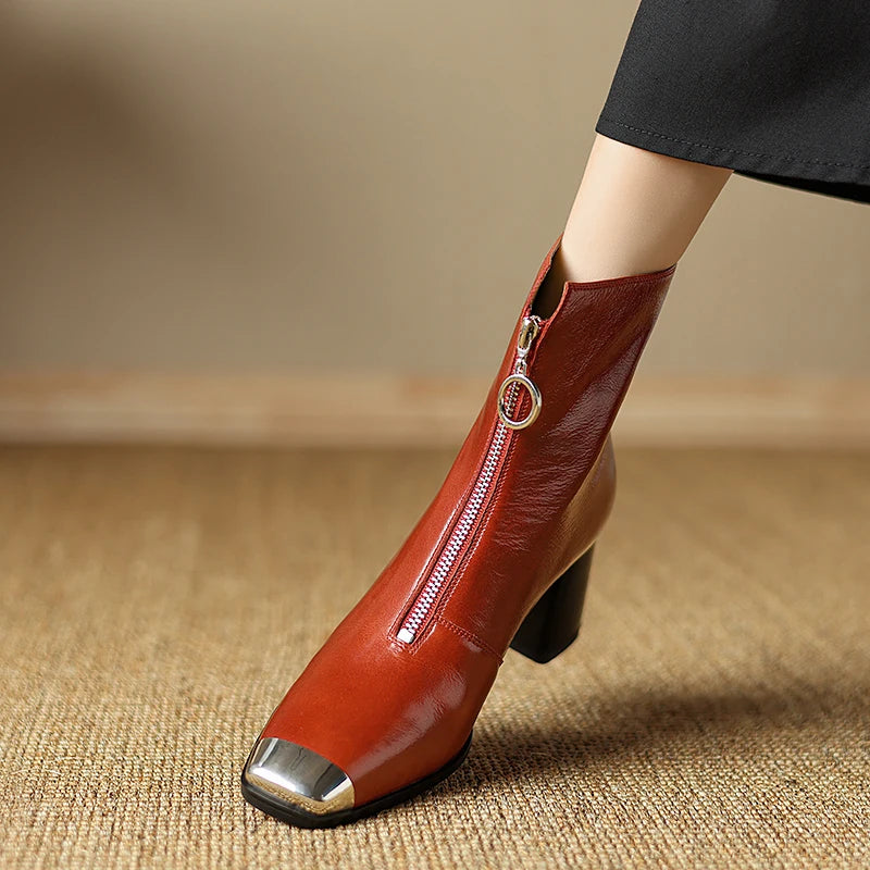 Women Handmade Genuine Leather Ankle Boots Metal High Heels Shoes Winter Square Toe Dress Lady Short Boots 34-40