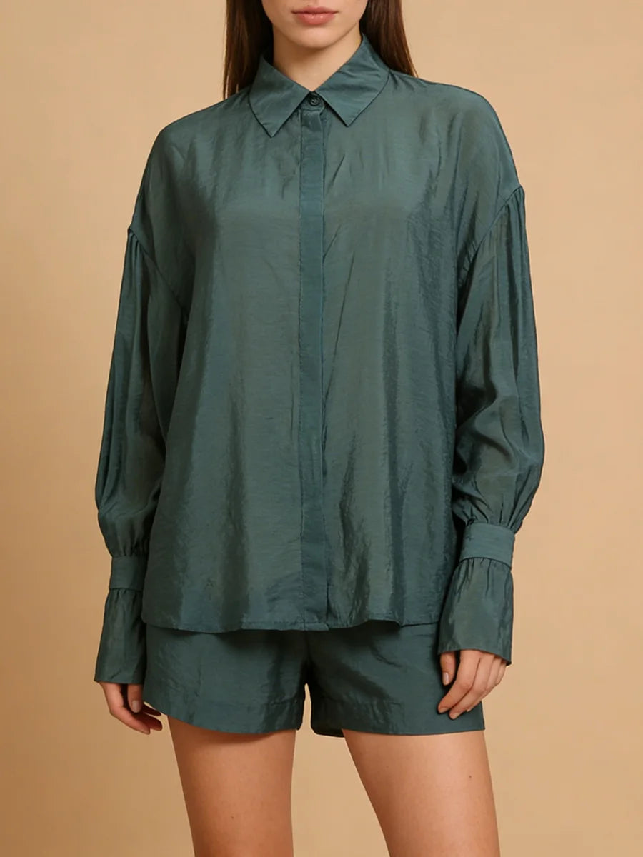 Lazy French Minimalist Style Solid Shirt for Women Lapel Long Sleeve Button Design Sheer Fabric for Daily Street Shopping