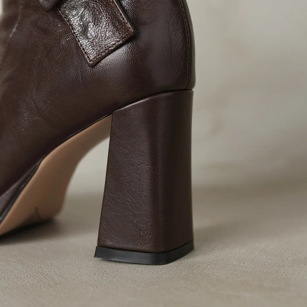 Women Handmade Brand Genuine Leather Ankle Boots Chunky Block High Heels Buckle Pointed Toe Shoes