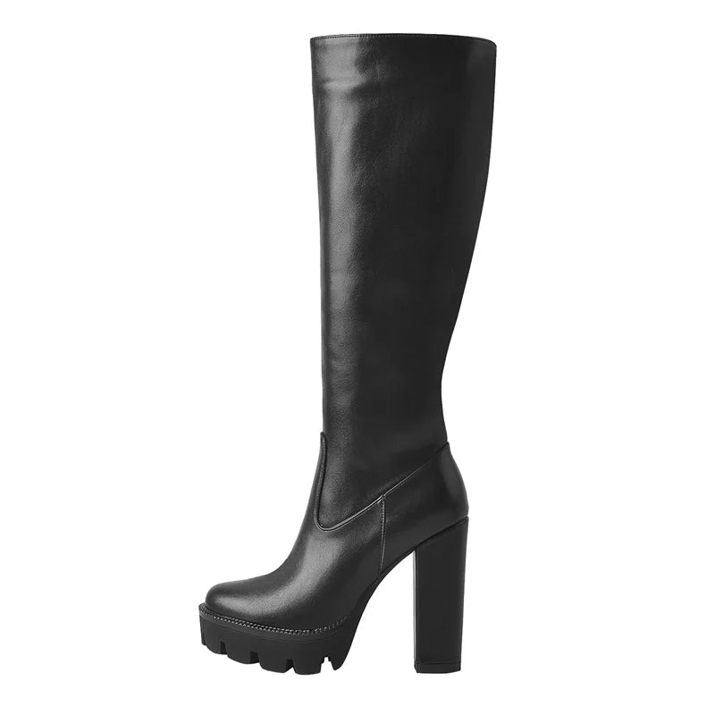 Onlymaker High Heel Boots Knee High Shoes Platform Metal Chain Matte Black Side Zipper Long Boots Big Size